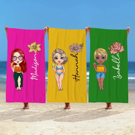 Custom Cartoon with Birth Flower Vacation Beach Towel Three Multicolor Towels