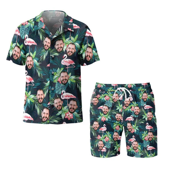 Custom Face Flamingo Beach Shorts White Background