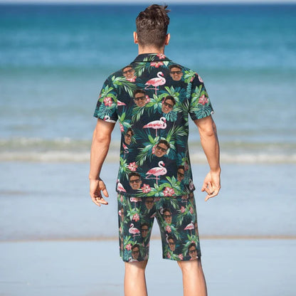 Custom Face Flamingo Hawaiian Shirt and Beach Shorts Backside at Beach