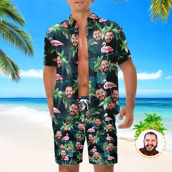 Custom Face Flamingo Hawaiian Shirt and Beach Shorts Beach Example