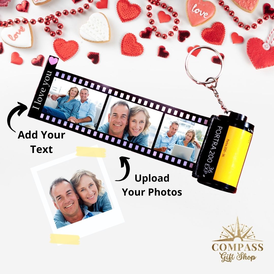 Custom Heart & Text Couples Vintage Film Roll Memory Keychain