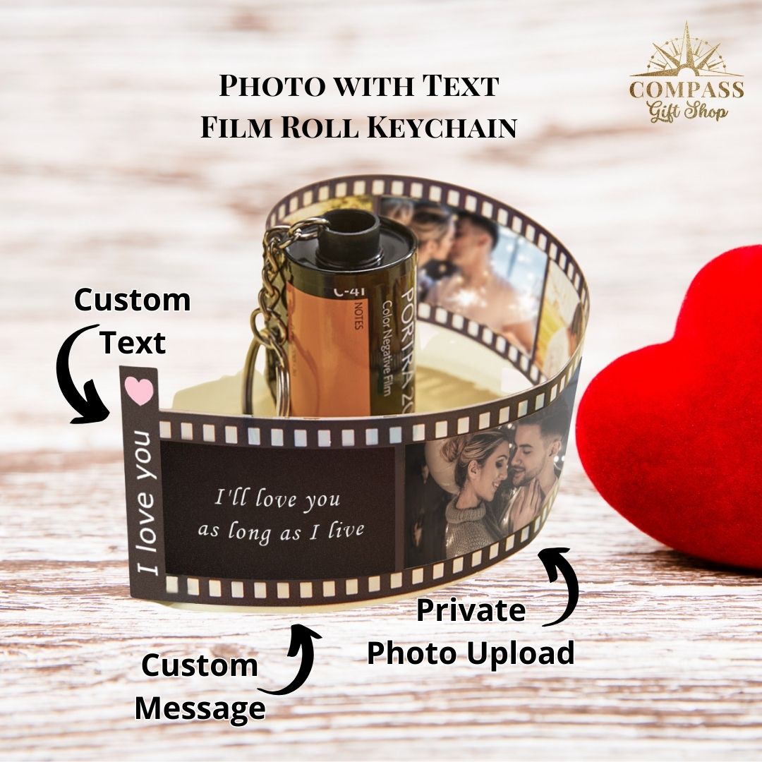Custom Heart & Text Couples Vintage Film Roll Memory Keychain Text Message