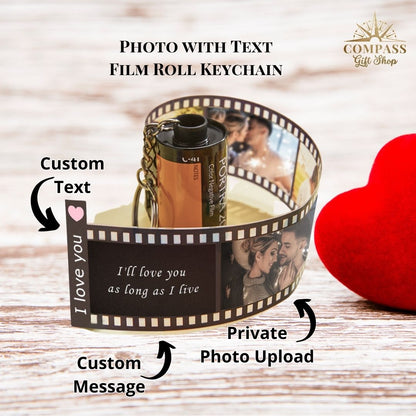 Custom Heart & Text Couples Vintage Film Roll Memory Keychain Text Message