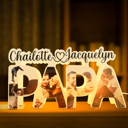 Custom PAPA Acrylic Photo Light with Personalized Family Name and Photos, Gift for Dad or Father's Day