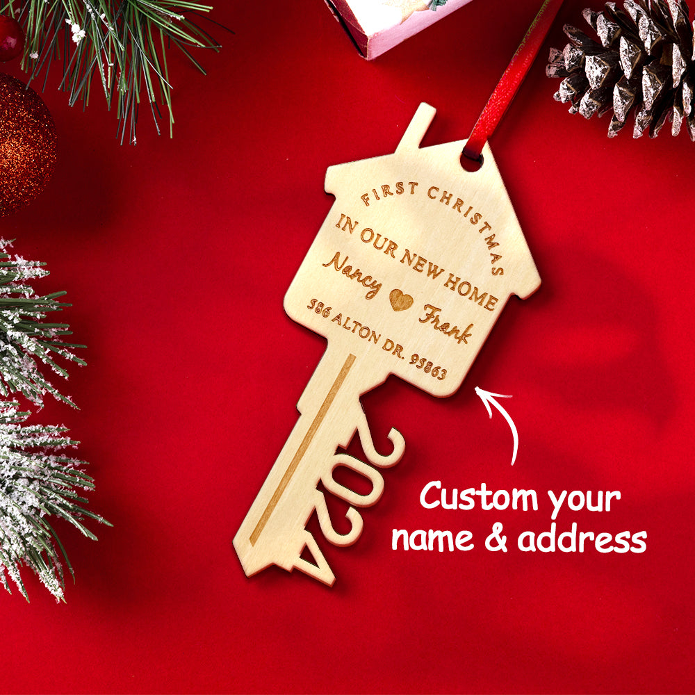 Personalized First Christmas in Our New Home Wooden Key Ornament