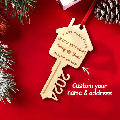 Personalized First Christmas in Our New Home Wooden Key Ornament