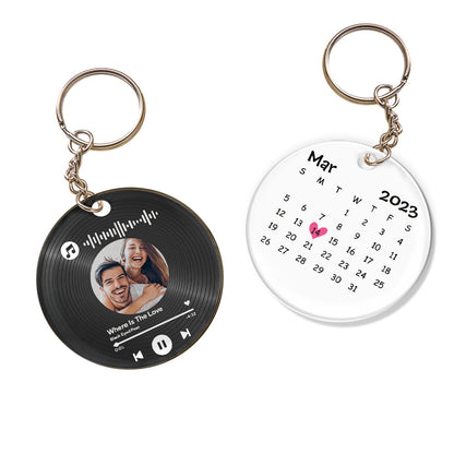 Custom Record Keychain with Photo, Music Song Code & Anniversary Calendar