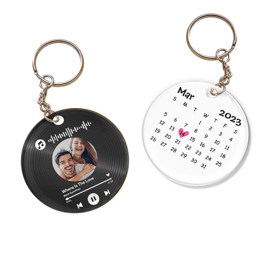 Custom Record Keychain with Photo, Music Song Code & Anniversary Calendar