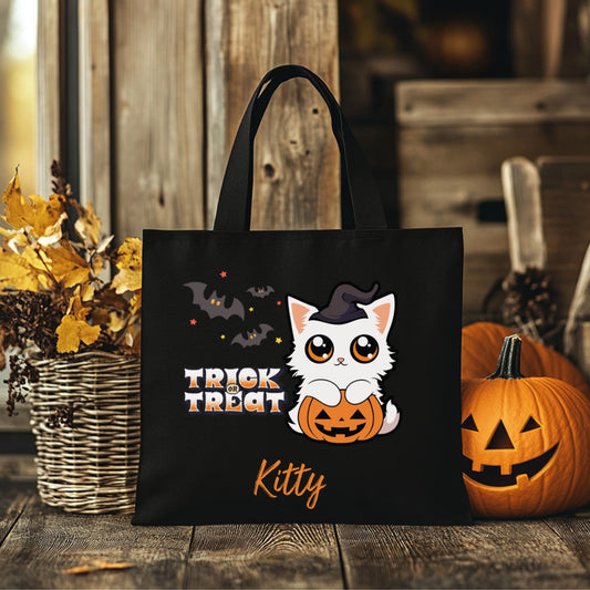 Custom Trick or Trick Kitten Halloween Tote Bag