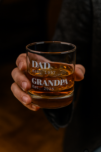 Dad to Grandpa Establishing Years Engraved Whiskey Glass