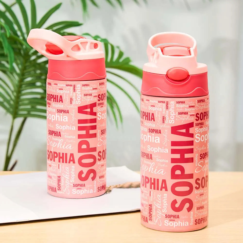 Double Pink Name Art Personalized 12oz Water Bottle Back-to-School Gift for Kids