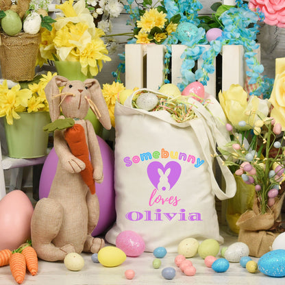 Personalized Somebunny Loves You Easter Egg Hunt Tote Bag for Kids