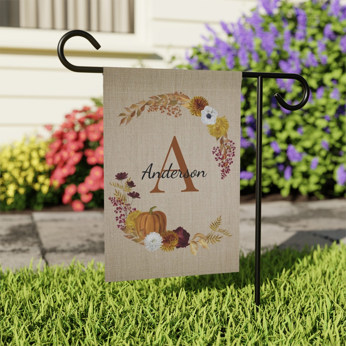 Fall Pumpkin Wreath Monogram Garden Flag & House Banner