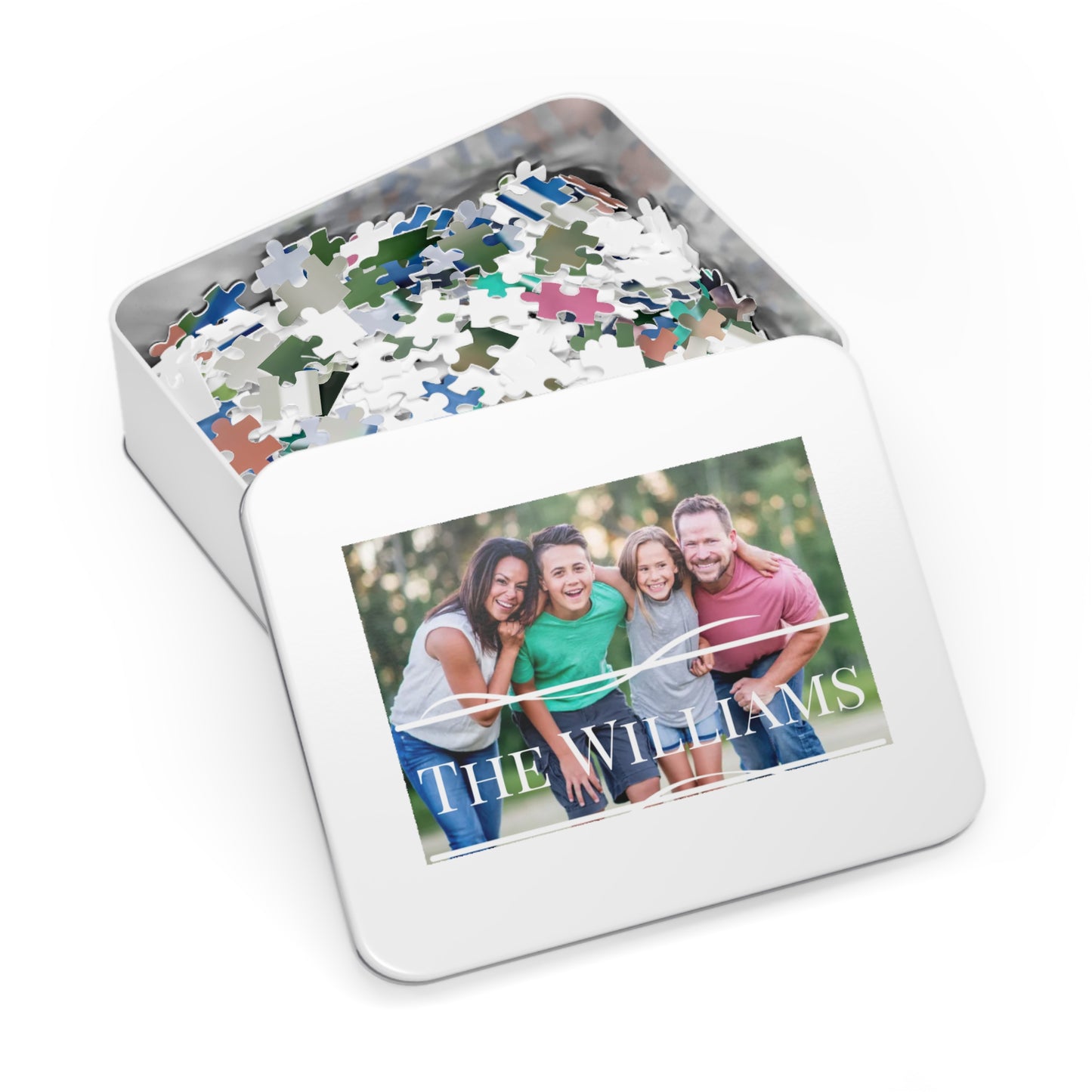 Custom Family Photo and Name Jigsaw Puzzle with Tin