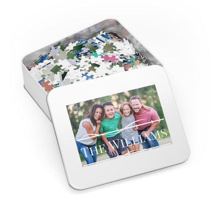 Custom Family Photo and Name Jigsaw Puzzle with Tin