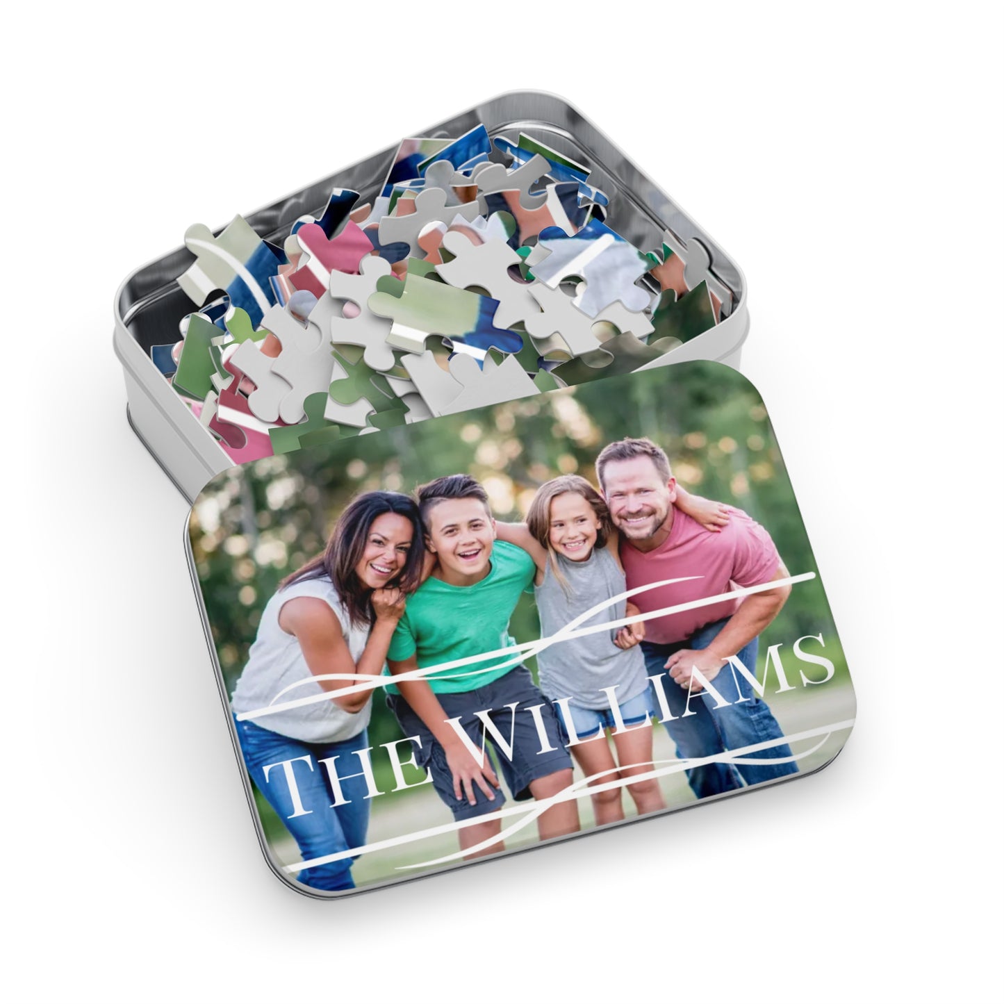 Custom Family Photo and Name Jigsaw Puzzle with Tin
