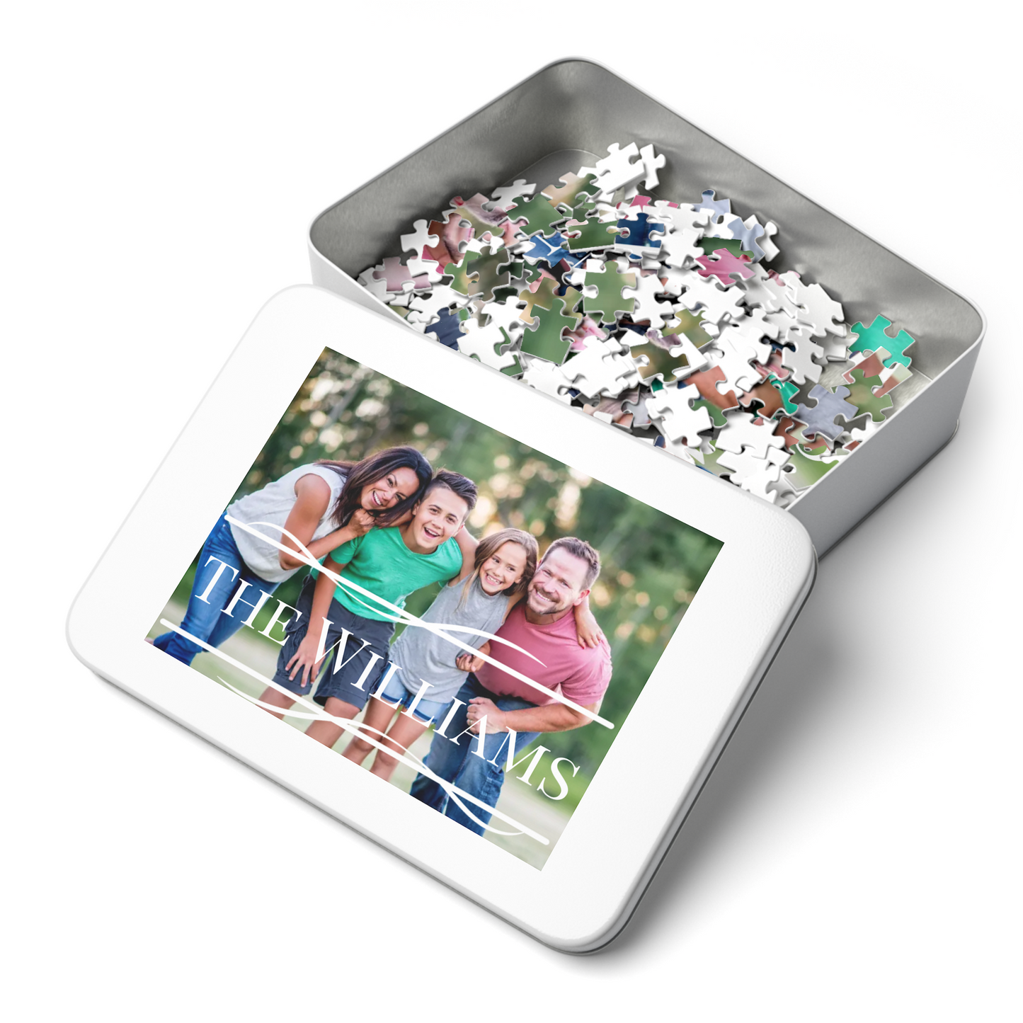 Custom Family Photo and Name Jigsaw Puzzle with Tin