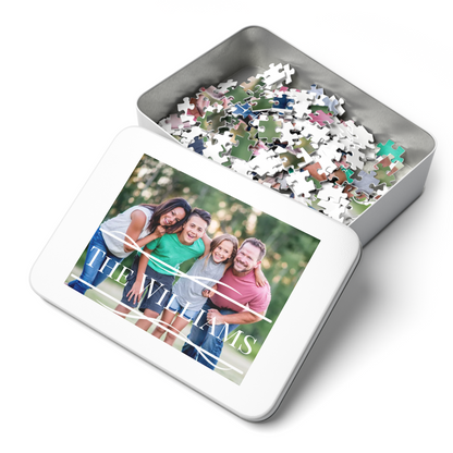 Custom Family Photo and Name Jigsaw Puzzle with Tin