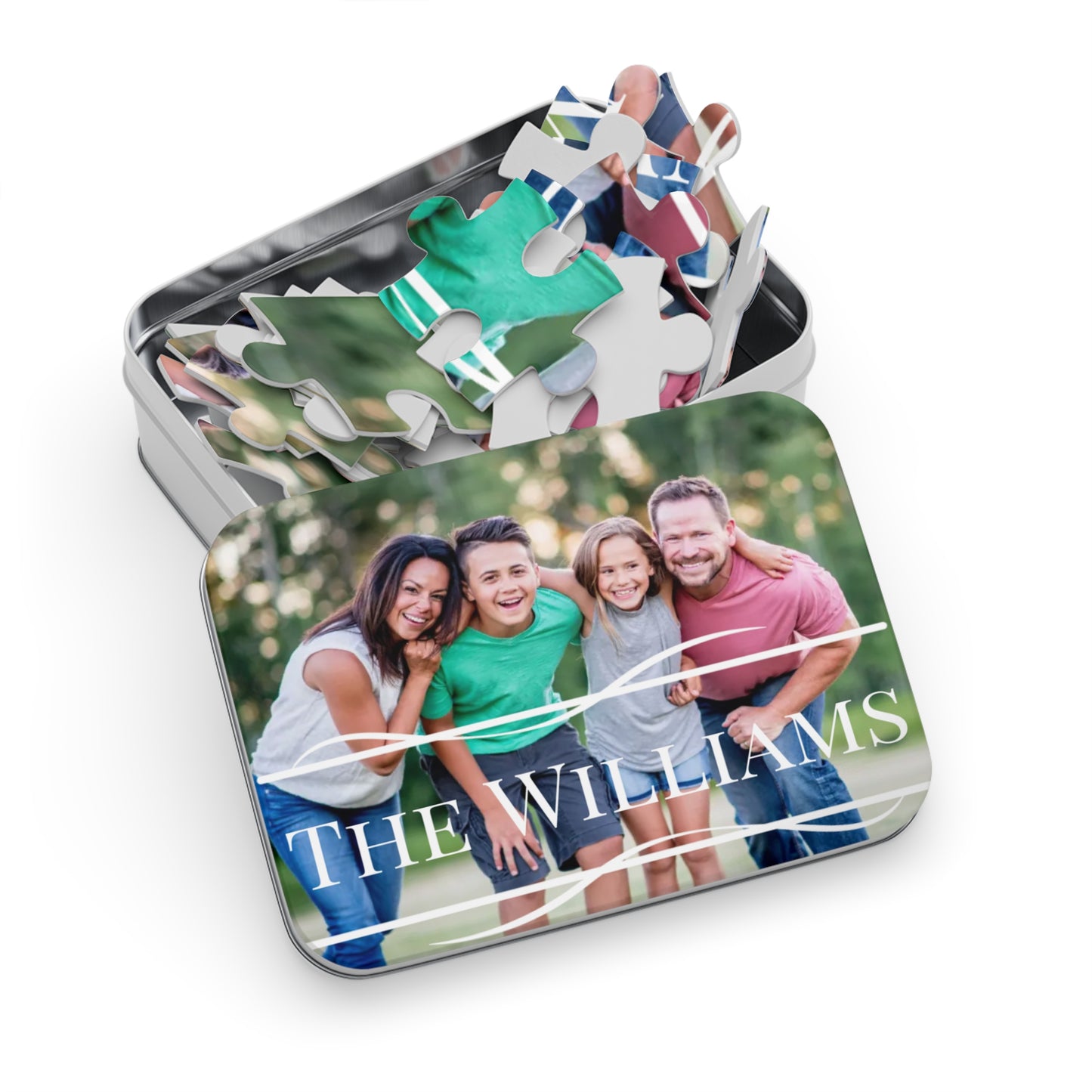 Custom Family Photo and Name Jigsaw Puzzle with Tin