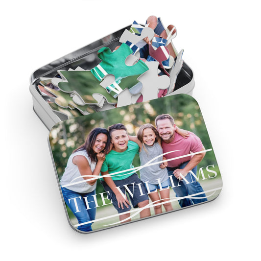 Custom Family Photo and Name Jigsaw Puzzle with Tin