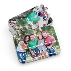Custom Family Photo and Name Jigsaw Puzzle with Tin