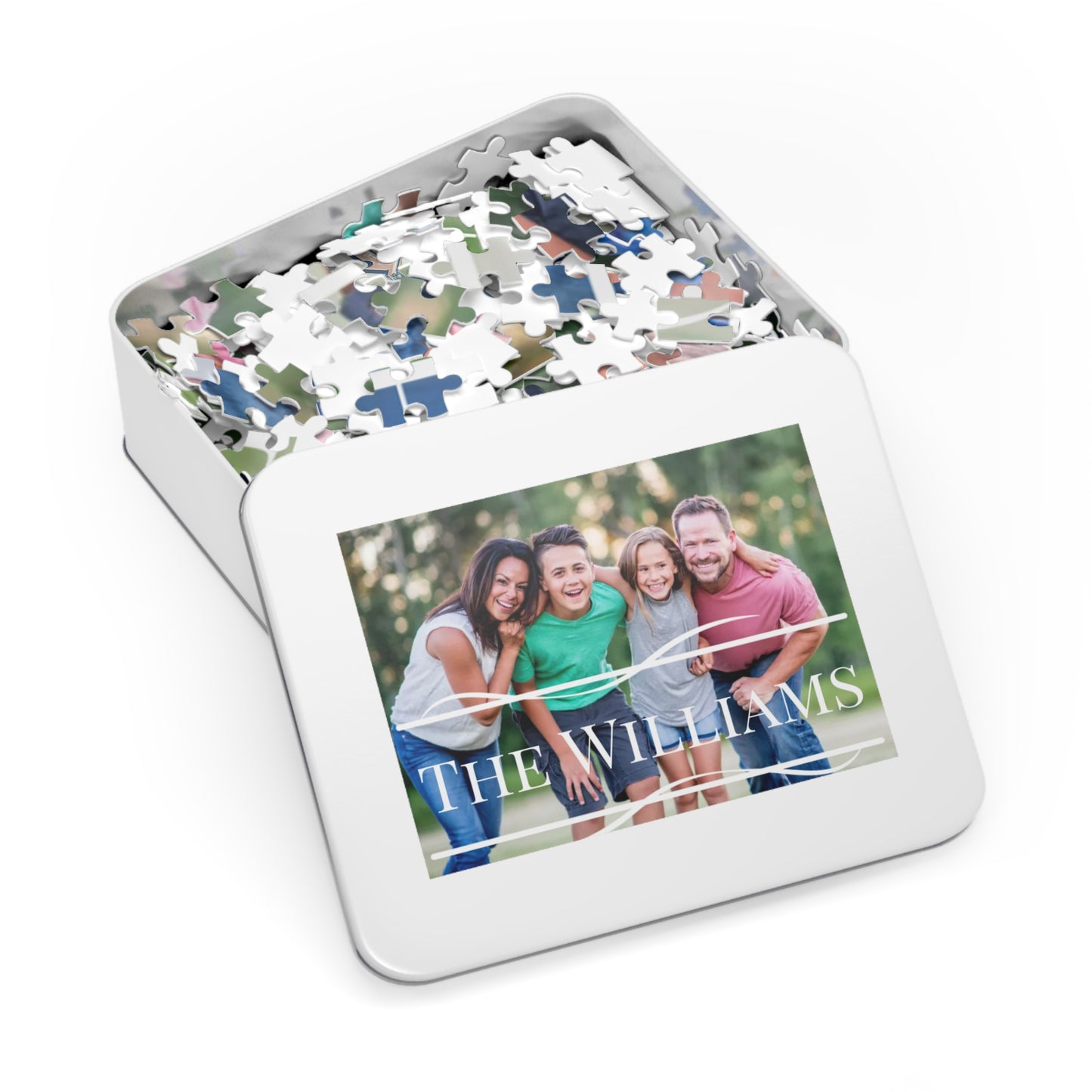 Custom Family Photo and Name Jigsaw Puzzle with Tin