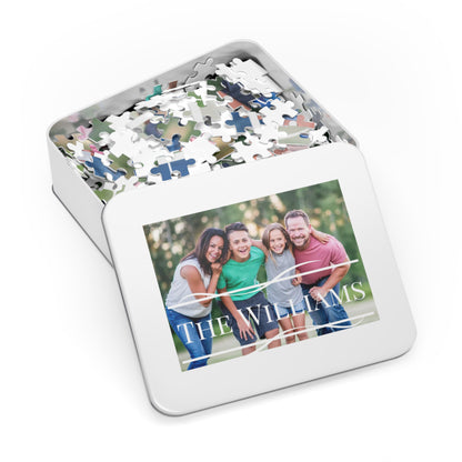 Custom Family Photo and Name Jigsaw Puzzle with Tin