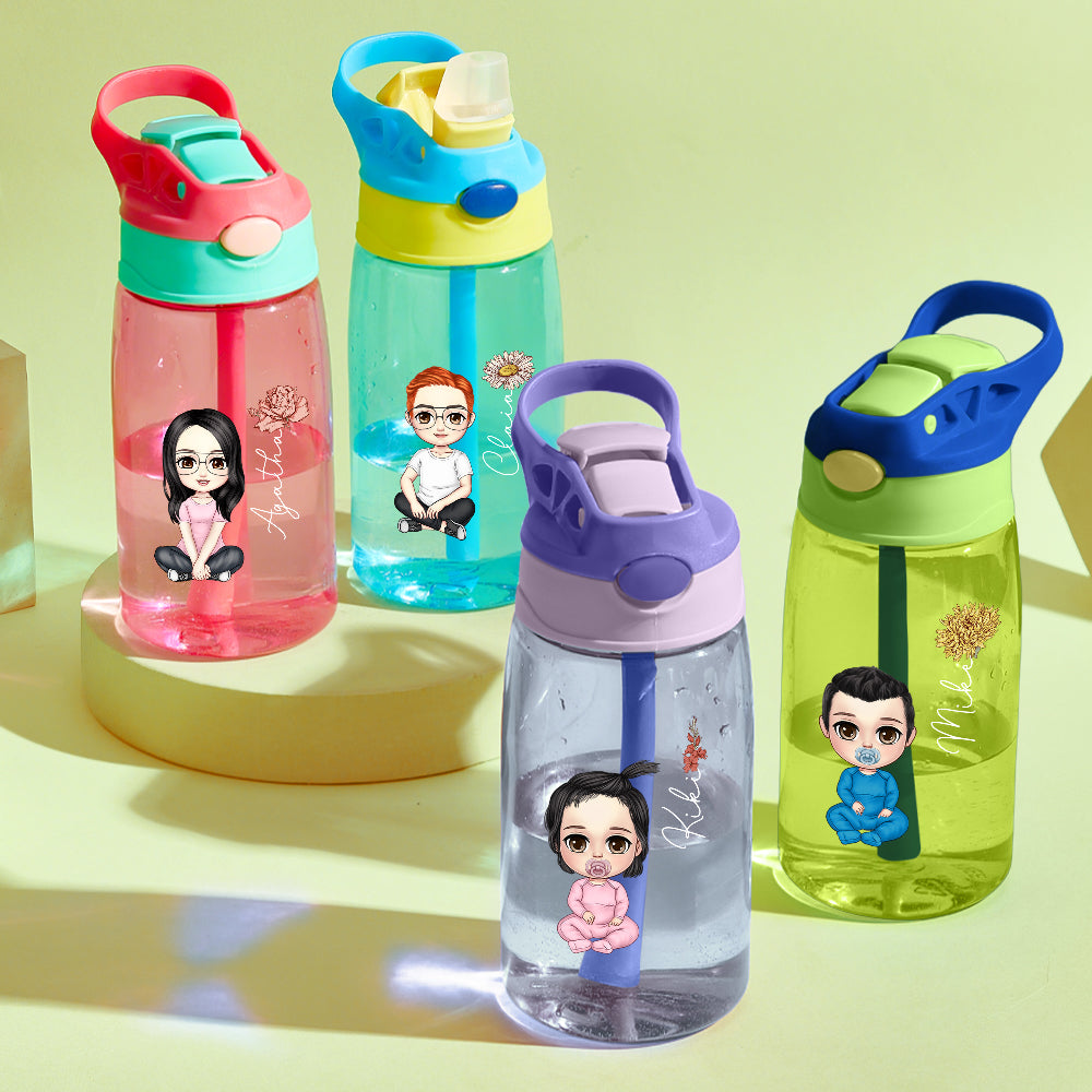 Personalized Cartoon Birth Flower 16oz Water Bottle Gift for Kids or Adults