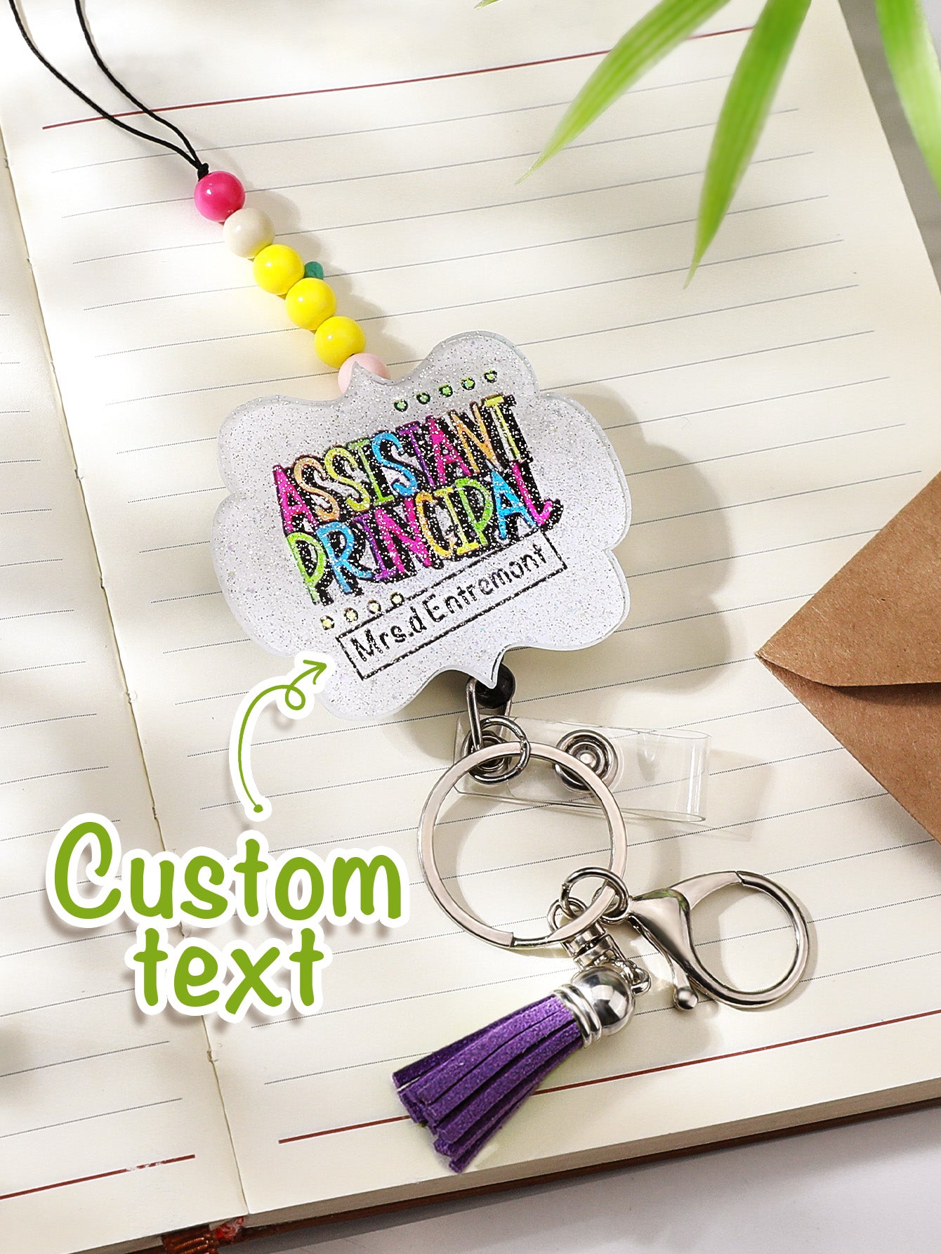 Personalized Glitter Acrylic Beaded Tassel Lanyard Gift for Teacher