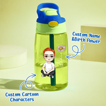 Personalized Cartoon Birth Flower 16oz Water Bottle Gift for Kids or Adults