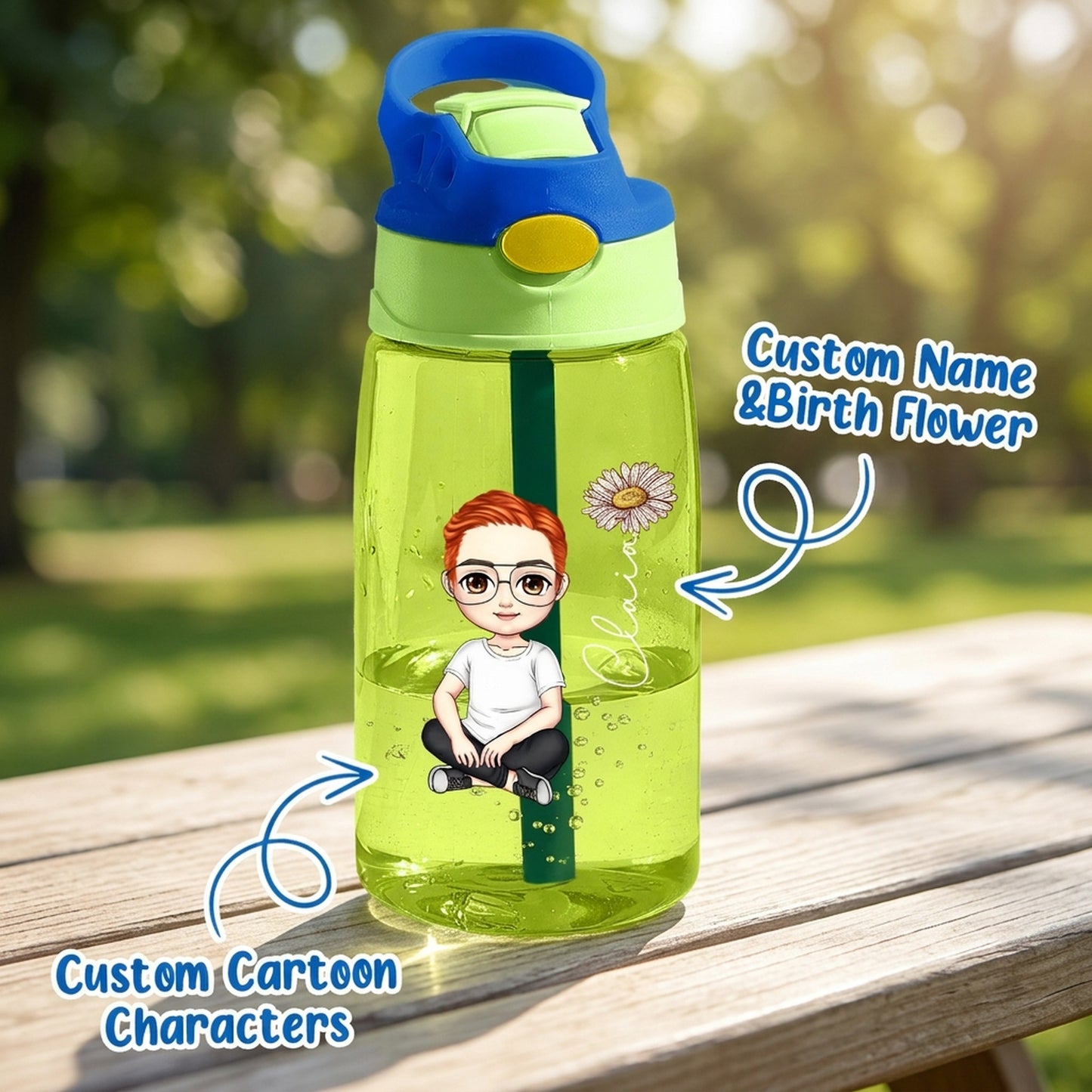 Personalized Cartoon and Birth Flower Water Bottle
