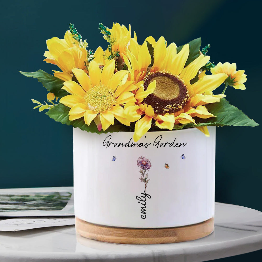 Grandma's Garden Personalized Ceramic Flower Pot with Birth Flower and Name