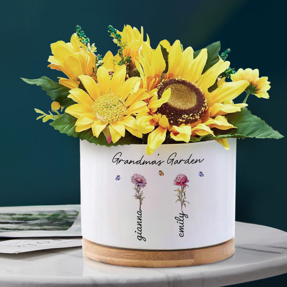 Grandma's Garden Personalized Ceramic Flower Pot with Birth Flower and Name