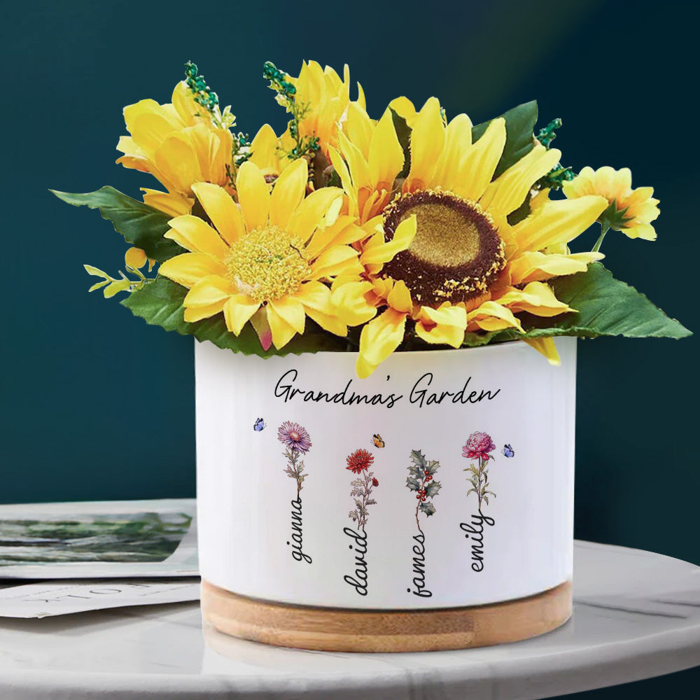 Grandma's Garden Personalized Ceramic Flower Pot with Birth Flower and Name