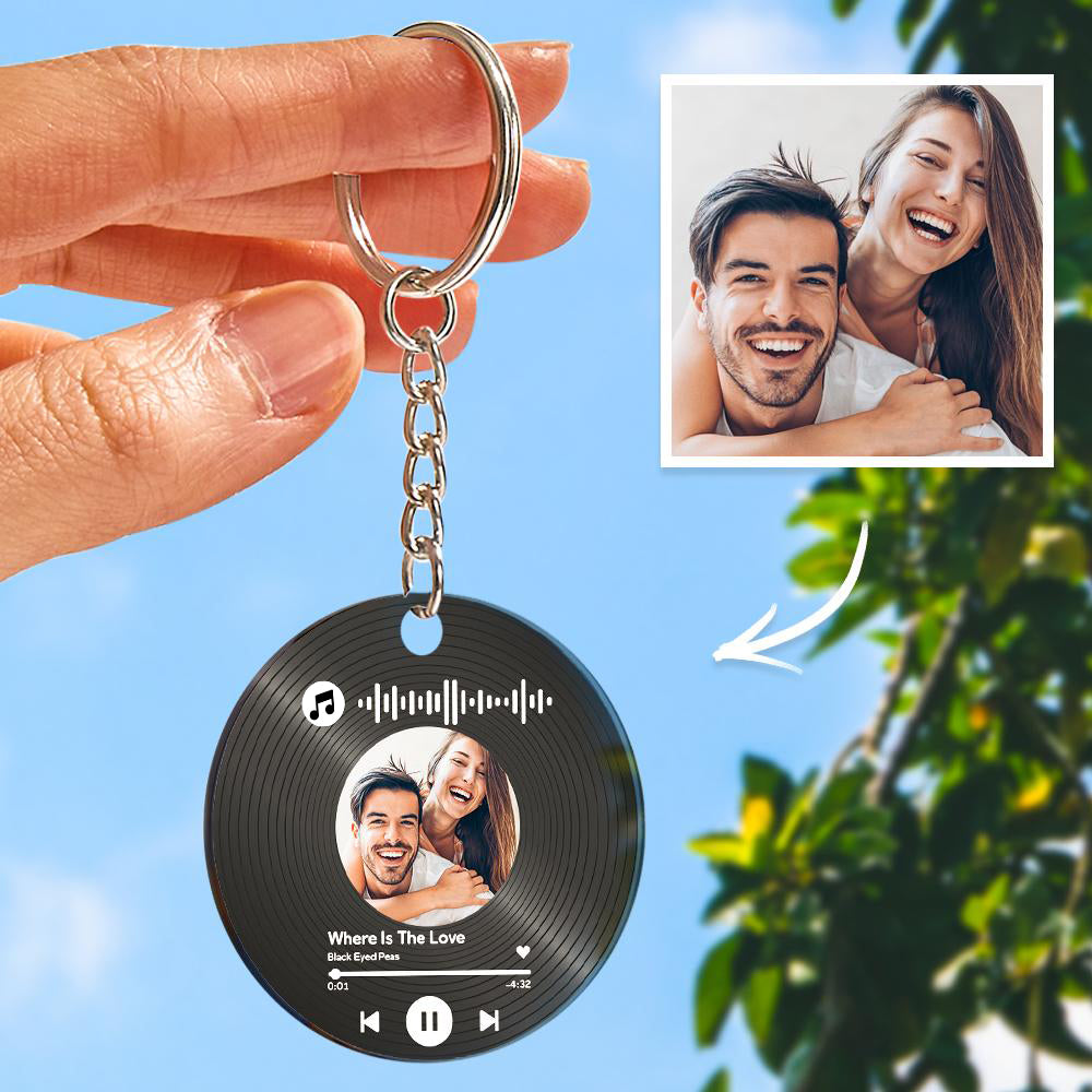 Hand Holding Custom Record Keychain with Photo & Music Song Code