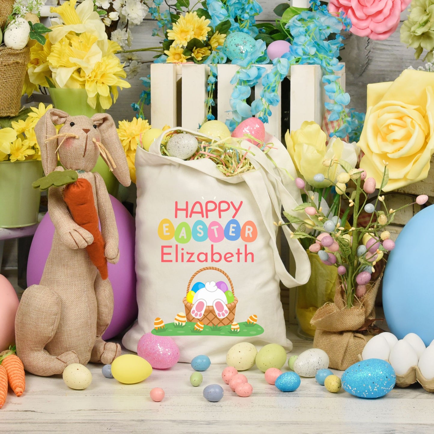 Personalized Happy Bunny in an Easter Basket Tote Bag