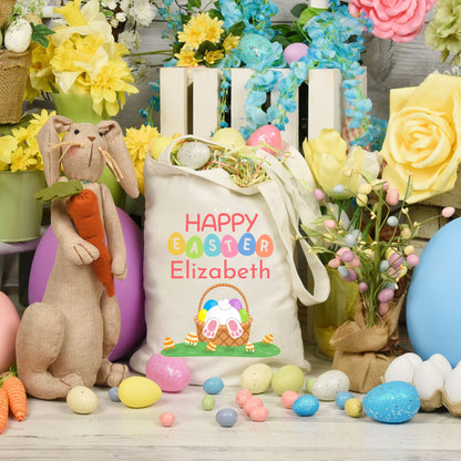 Personalized Happy Bunny in an Easter Basket Tote Bag