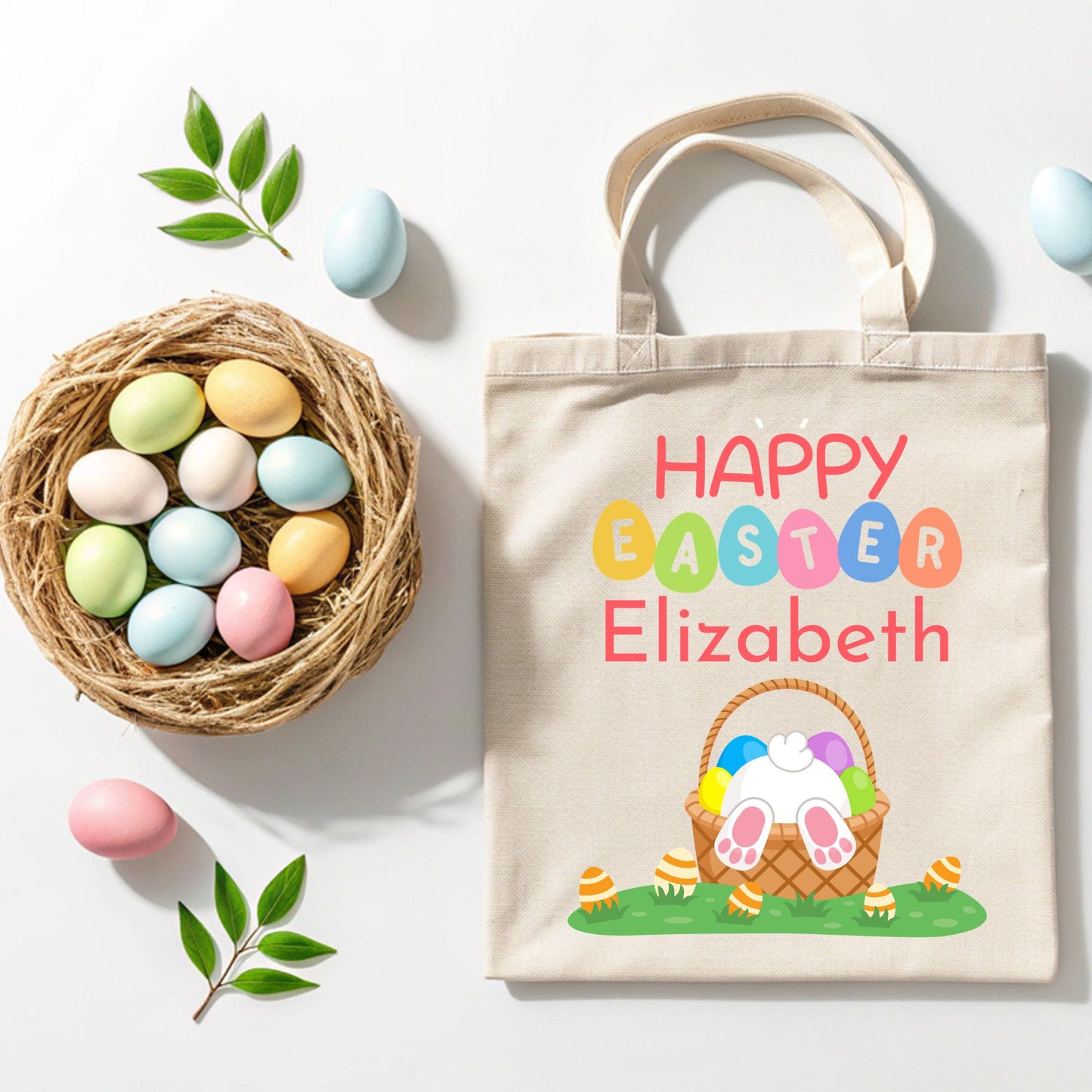 Personalized Happy Bunny in an Easter Basket Tote Bag