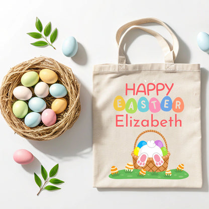 Personalized Happy Bunny in an Easter Basket Tote Bag