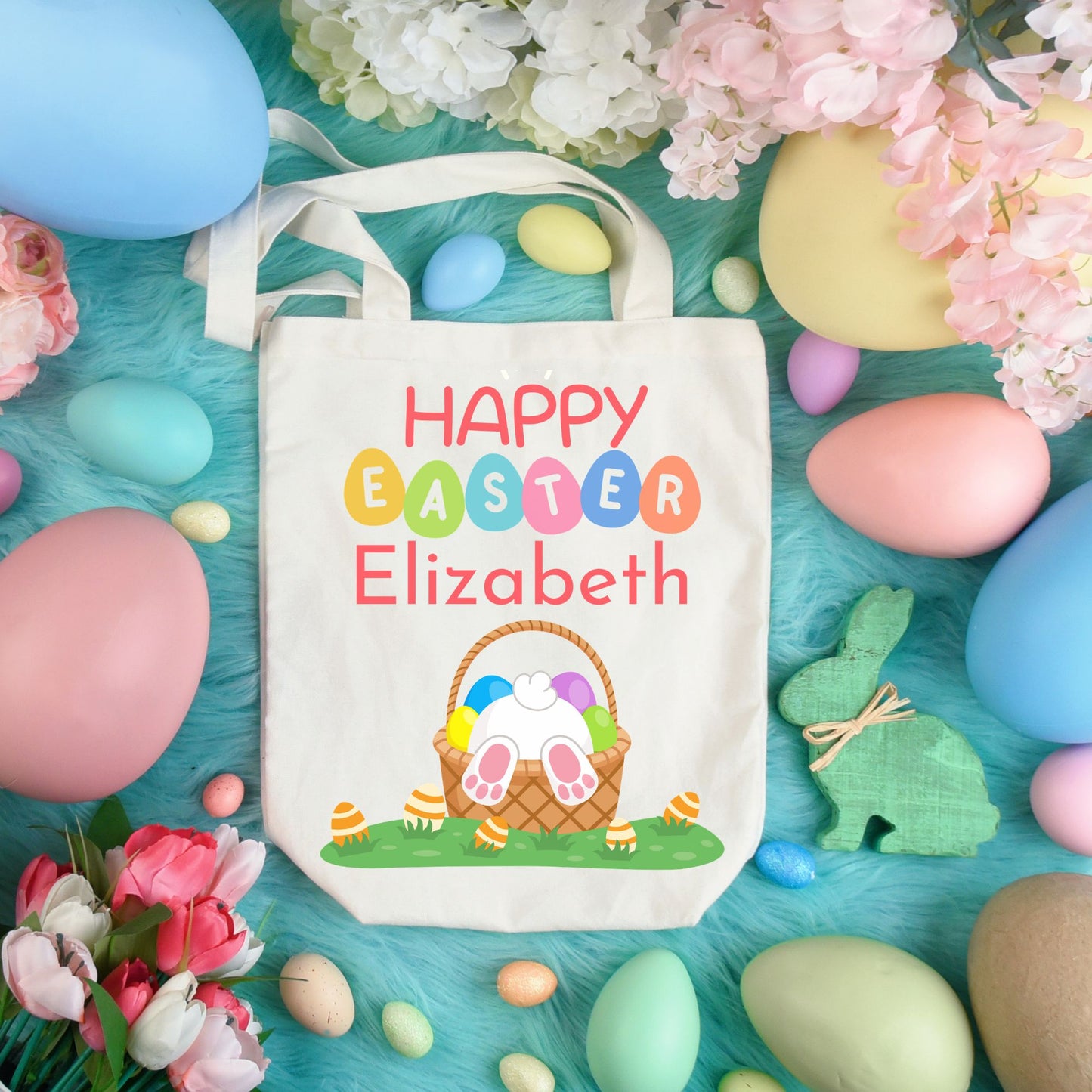 Personalized Happy Bunny in an Easter Basket Tote Bag