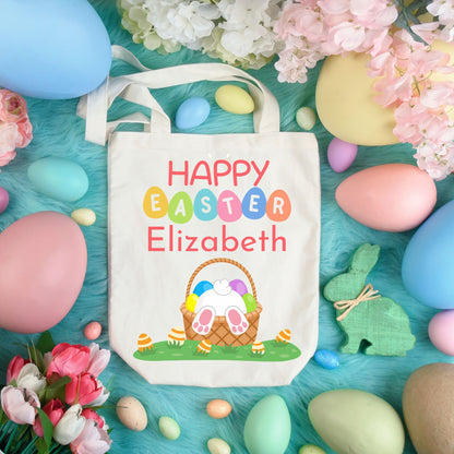 Personalized Happy Bunny in an Easter Basket Tote Bag