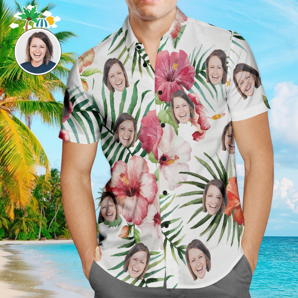 Hibiscus and Palm Personalized Face Hawaiian Shirt