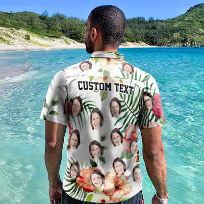 Hibiscus and Palm Personalized Face Hawaiian Shirt with Custom Text on Backside