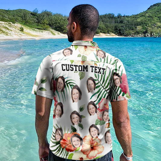 Hibiscus and Palm Personalized Face Hawaiian Shirt with Custom Text on Backside