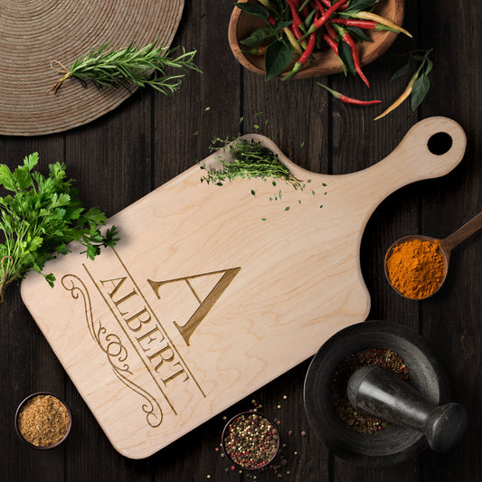 Monogramed Premium Hardwood Engraved Cutting Board with Handle