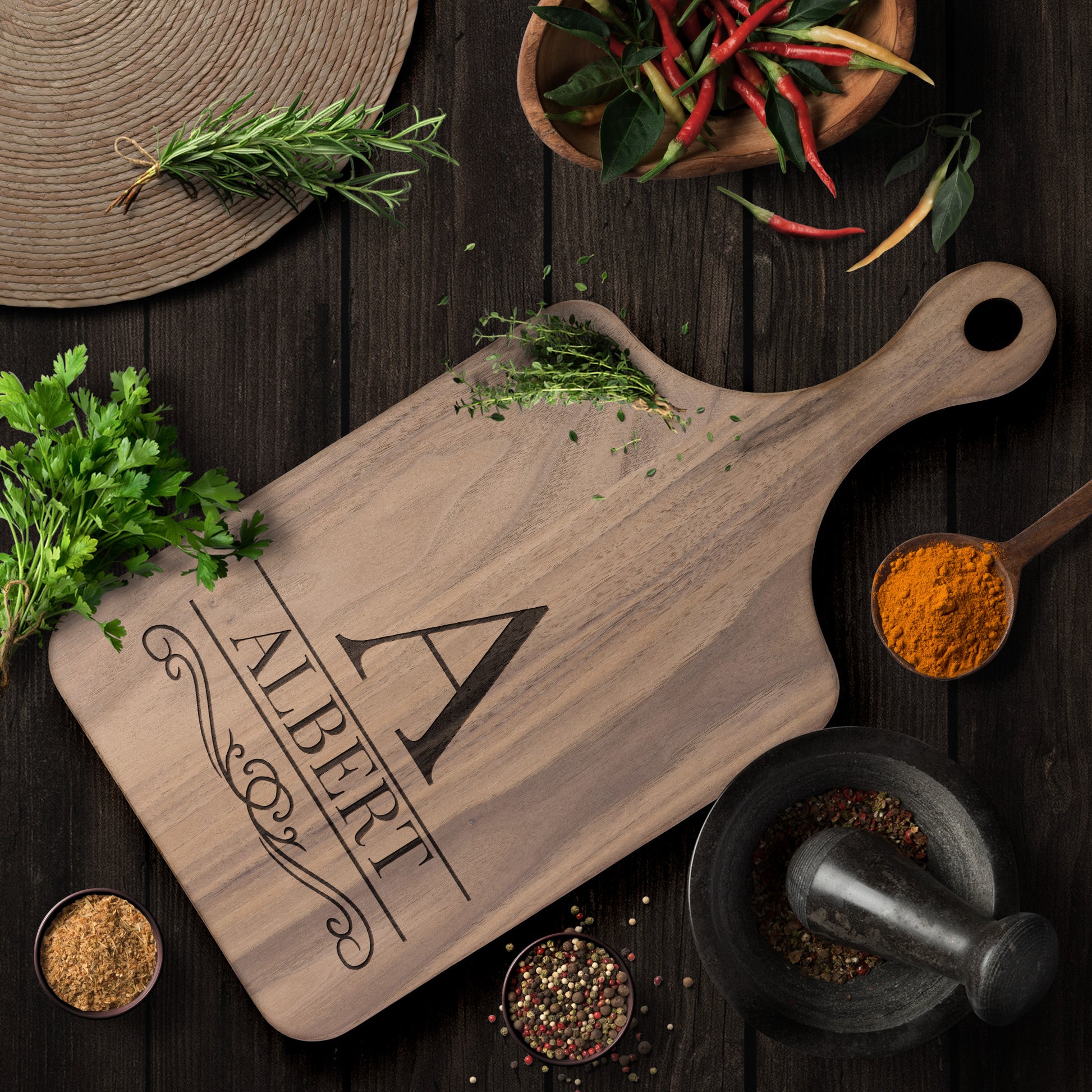 Monogramed Premium Hardwood Engraved Cutting Board with Handle Walnut