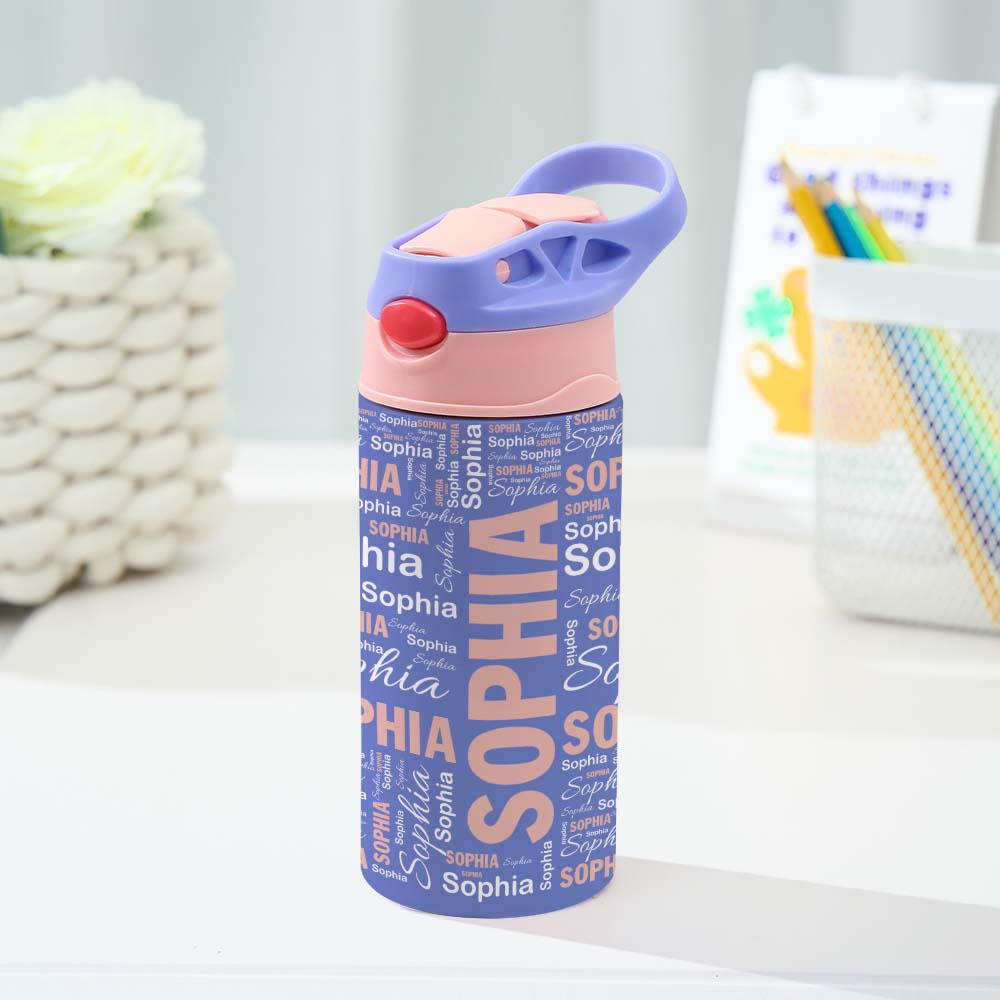 Name Art Personalized 12oz Water Bottle Back-to-School Gift for Kids Purple
