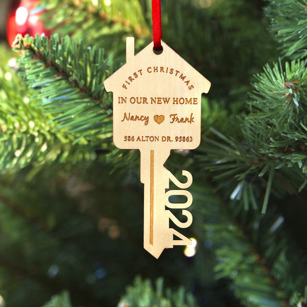 Personalized First Christmas in Our New Home Wooden Key Ornament