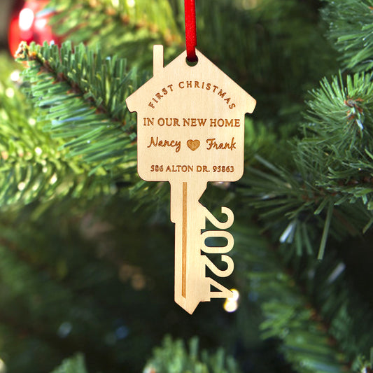 Personalized First Christmas in Our New Home Wooden Key Ornament