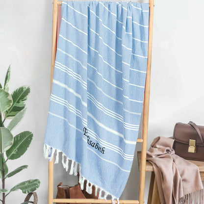 Personalized Name Fringe Beach Towel Blue